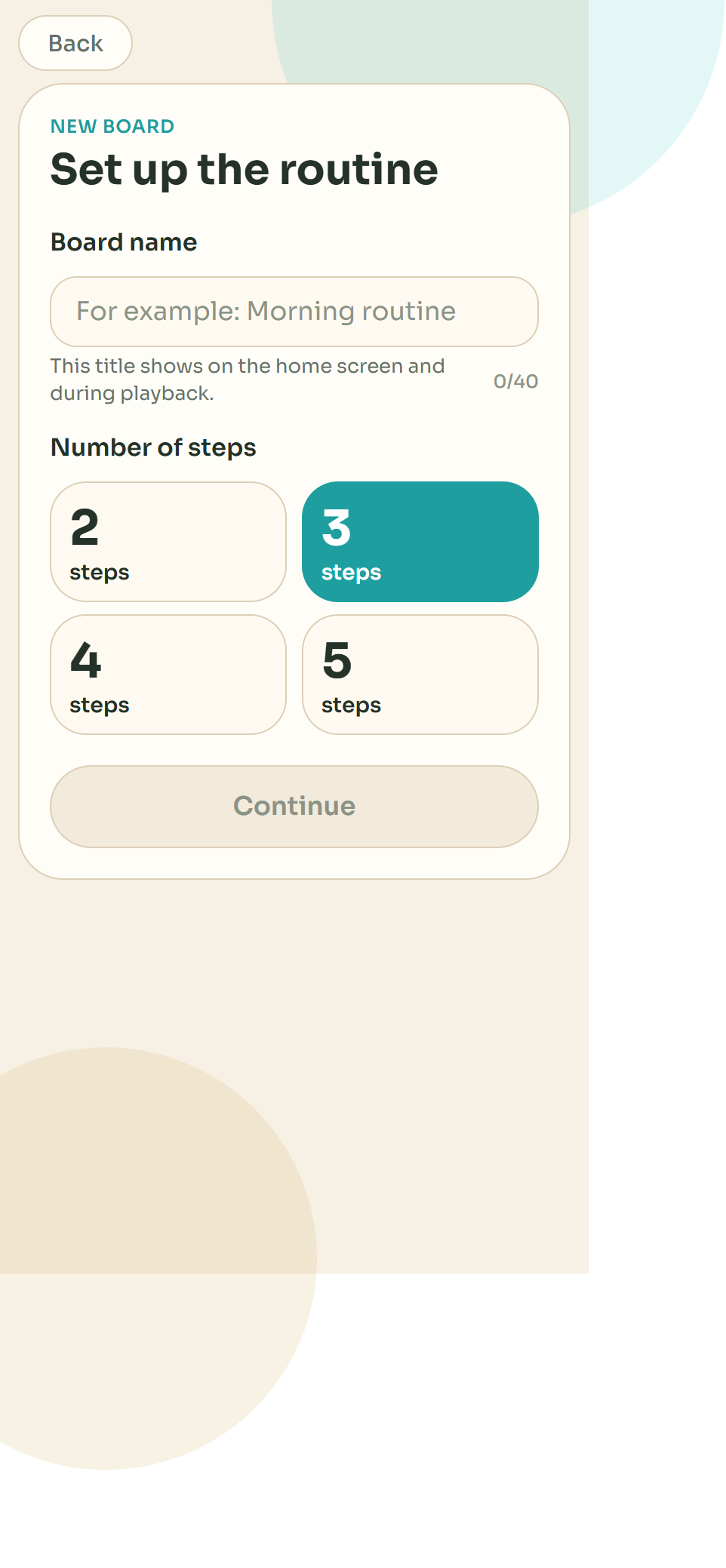 SnapThen new board setup screen