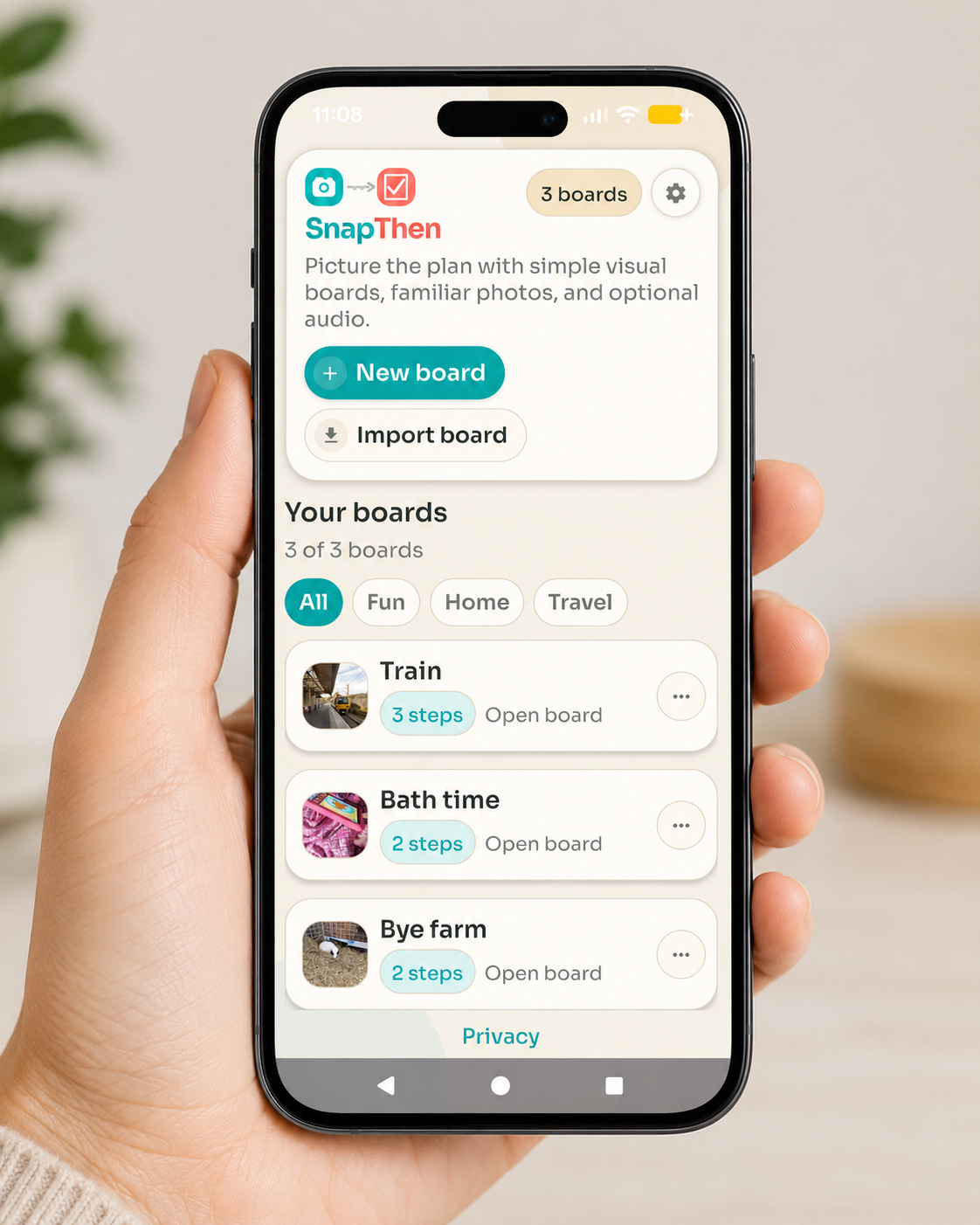 Phone mockup showing the SnapThen home screen with three visual routine boards