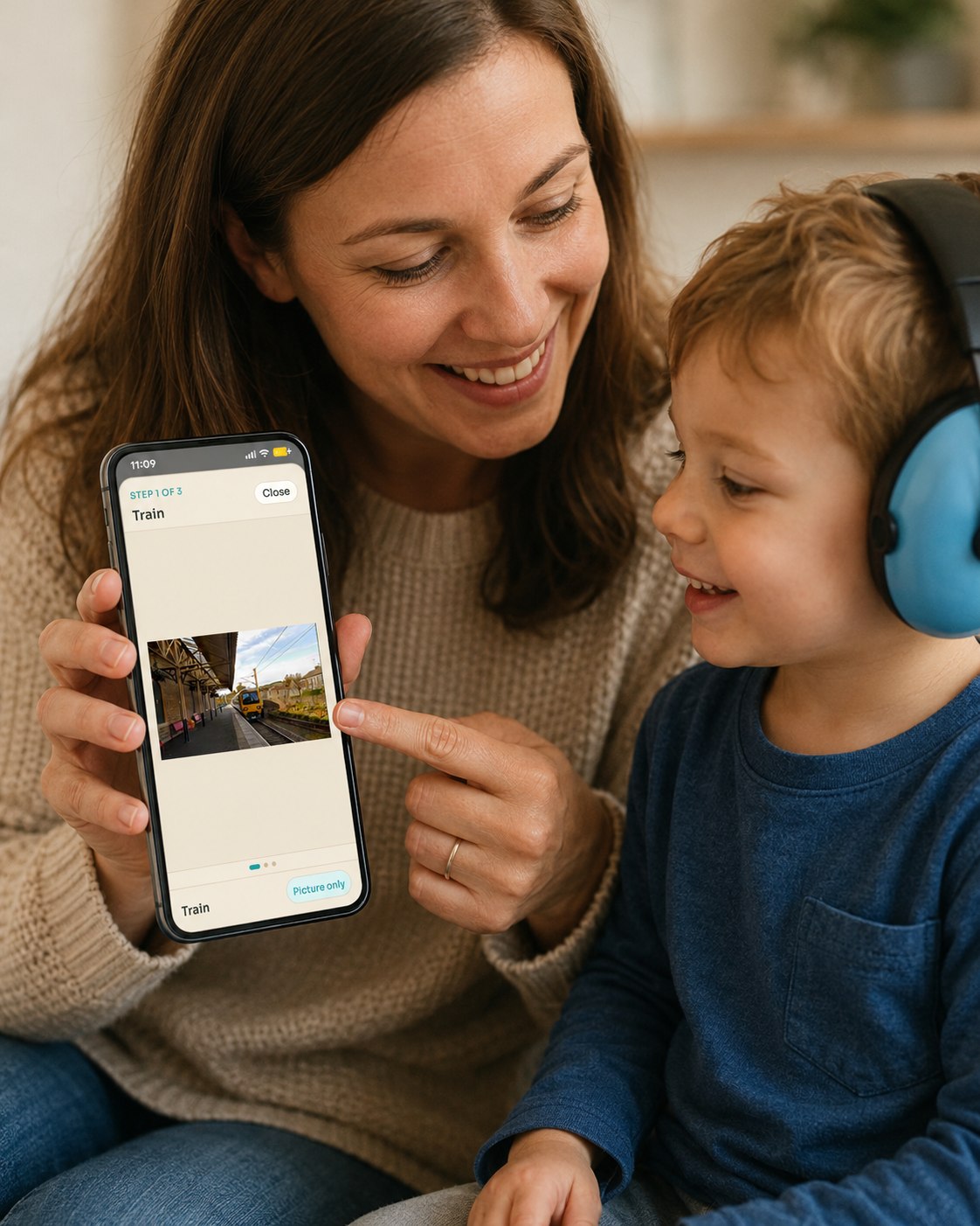 Parent showing a child a SnapThen visual routine step on a phone