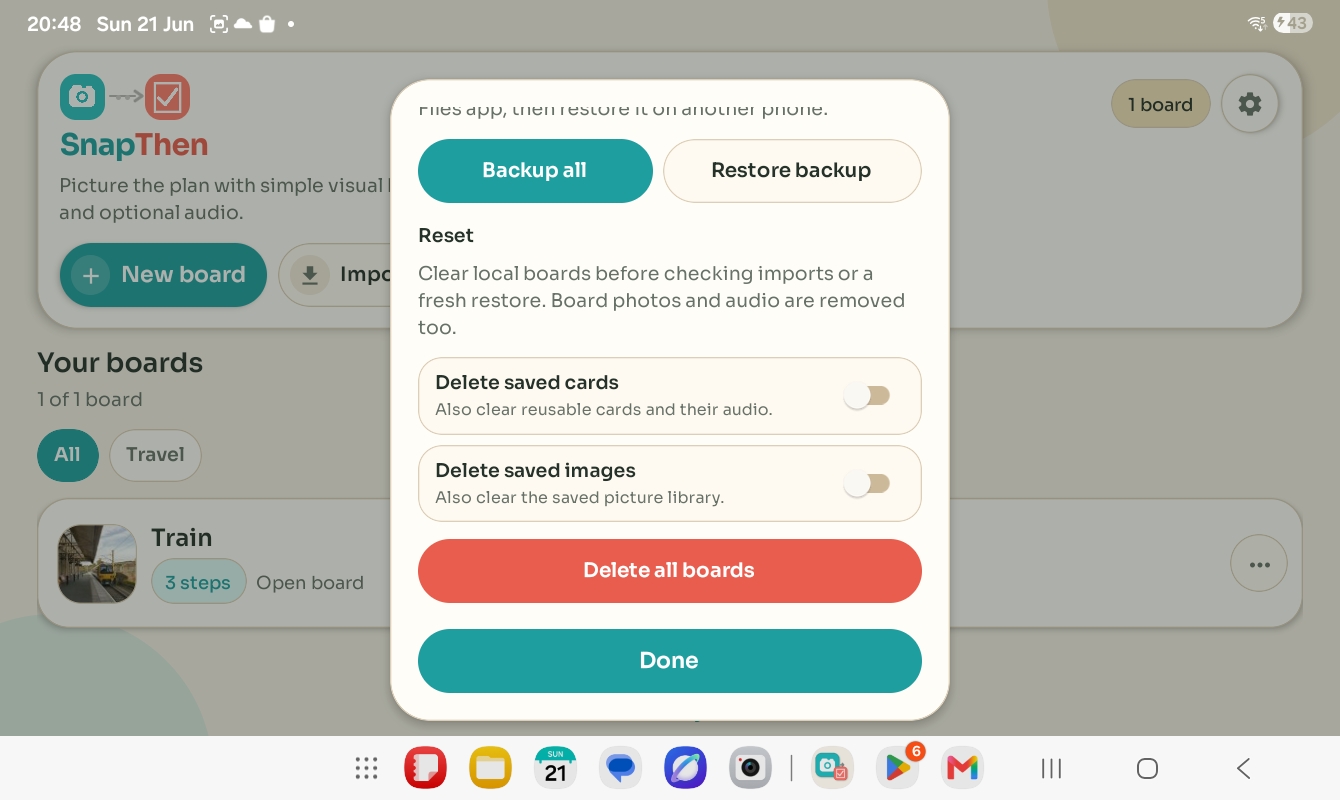 Backup and restore screen with reset options