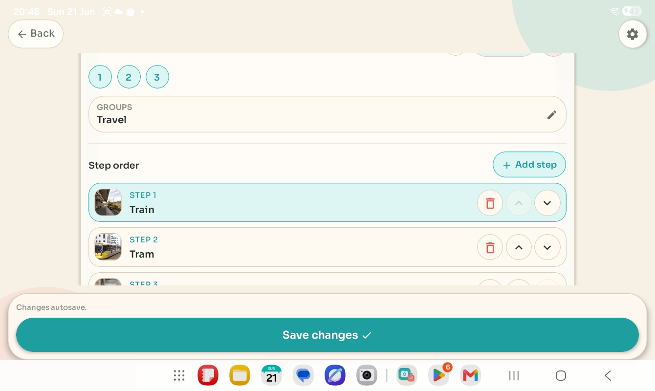 Edit mode showing step order and controls to add, remove, or reorder steps