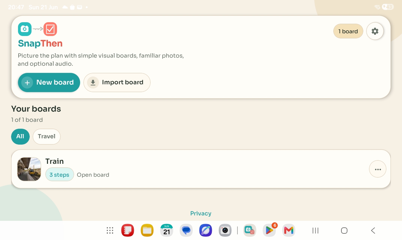 Home screen with one saved board and controls to create or import a board